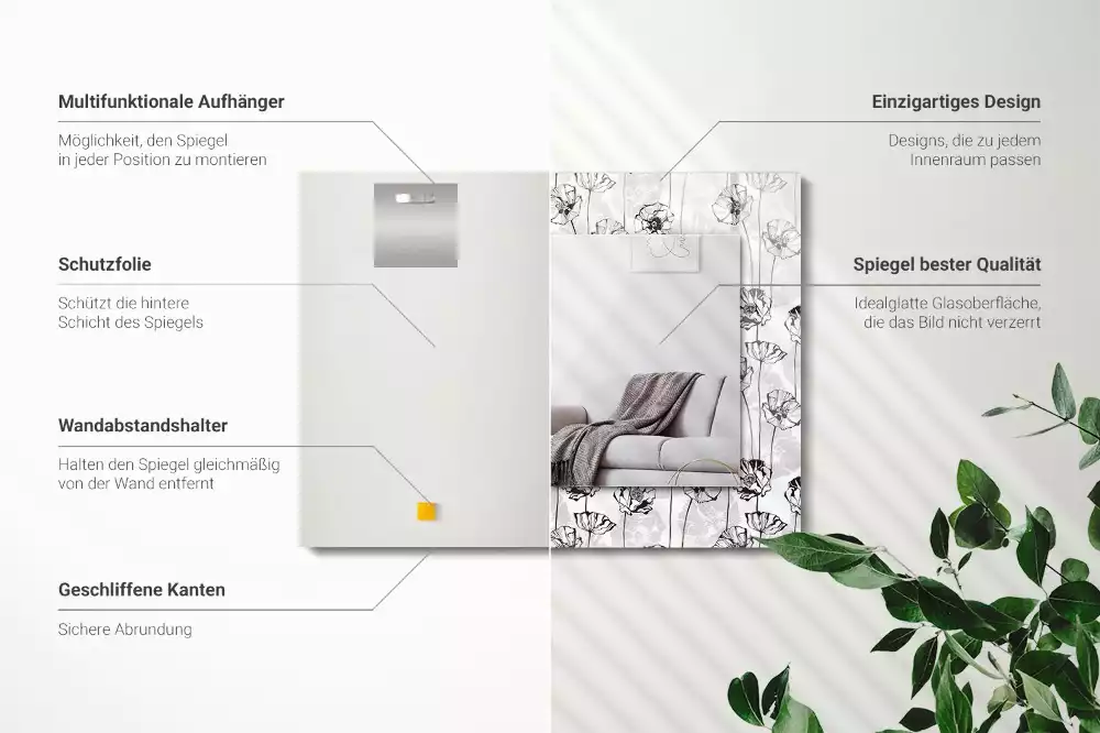 Rechthoekige spiegel met bedrukte lijst Bloemenpatroon monochroom