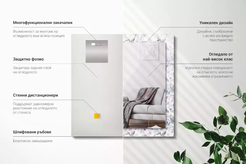 Rechthoekige spiegel lijst met print Bloemen en bladeren