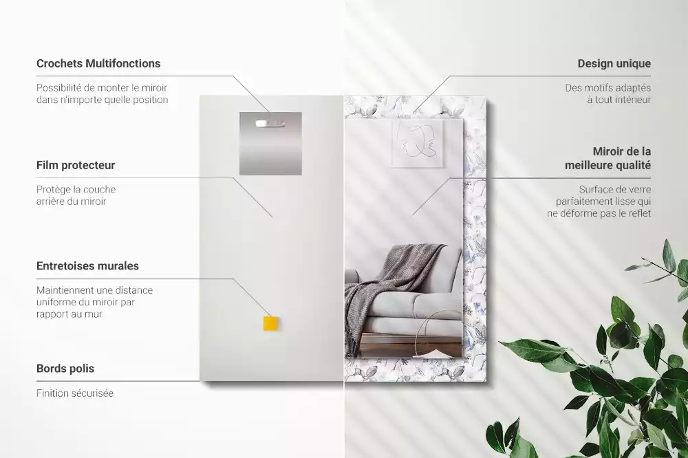 Rechthoekige spiegel lijst met print Bloemen en bladeren