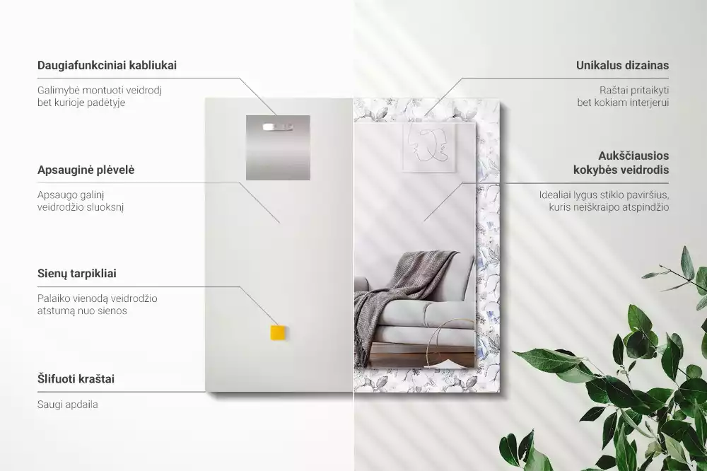 Rechthoekige spiegel lijst met print Bloemen en bladeren