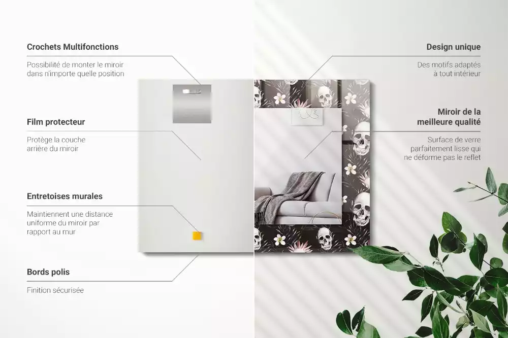 Rechthoekige spiegel met bedrukte lijst Schedels en bloemen