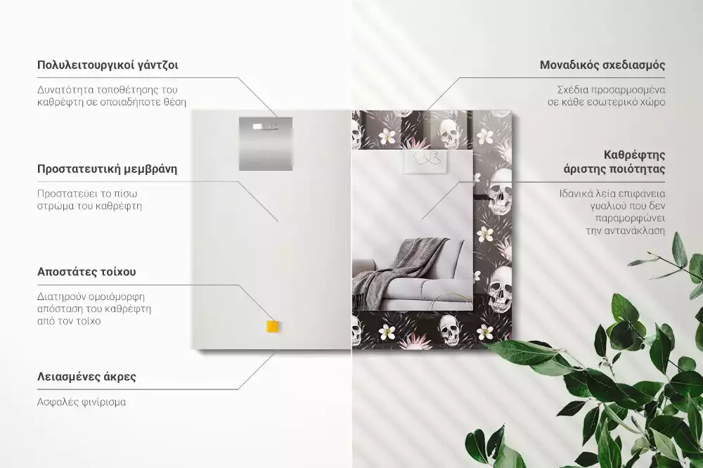 Rechthoekige spiegel met bedrukte lijst Schedels en bloemen