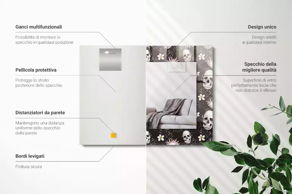 Rechthoekige spiegel met bedrukte lijst Schedels en bloemen