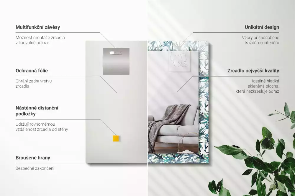 Rechthoekige spiegel met decoratie Bamboe bladeren aquarel