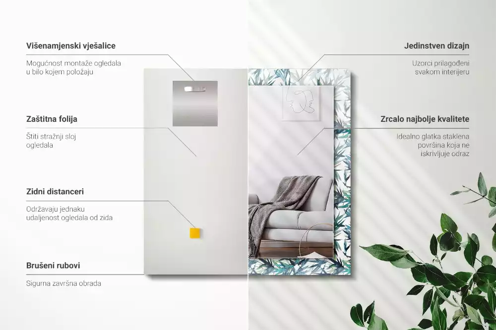 Rechthoekige spiegel met decoratie Bamboe bladeren aquarel