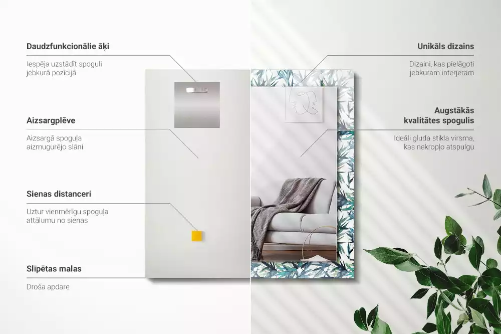 Rechthoekige spiegel met decoratie Bamboe bladeren aquarel