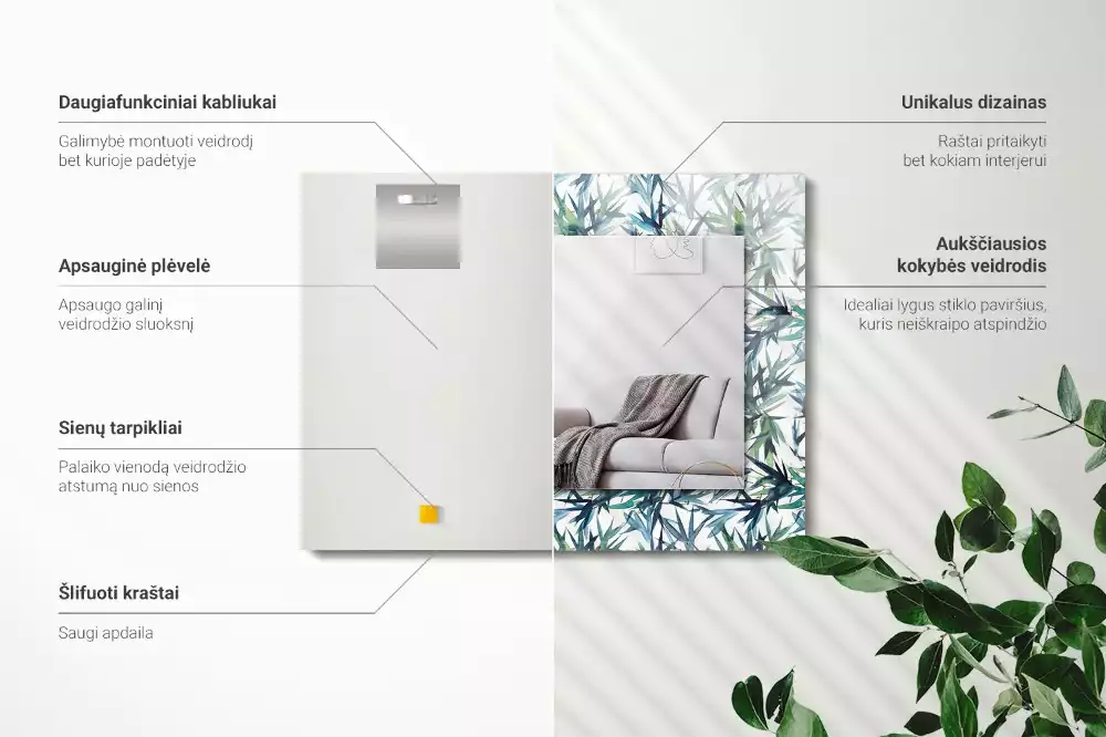 Rechthoekige spiegel met decoratie Bamboe bladeren aquarel