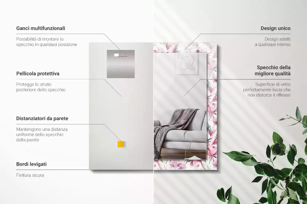 Rechthoekige spiegel met bedrukte lijst Paarse bloemenpatronen