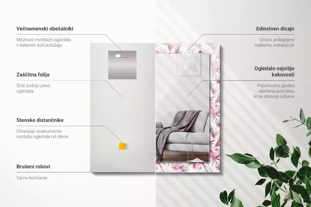 Rechthoekige spiegel met bedrukte lijst Paarse bloemenpatronen