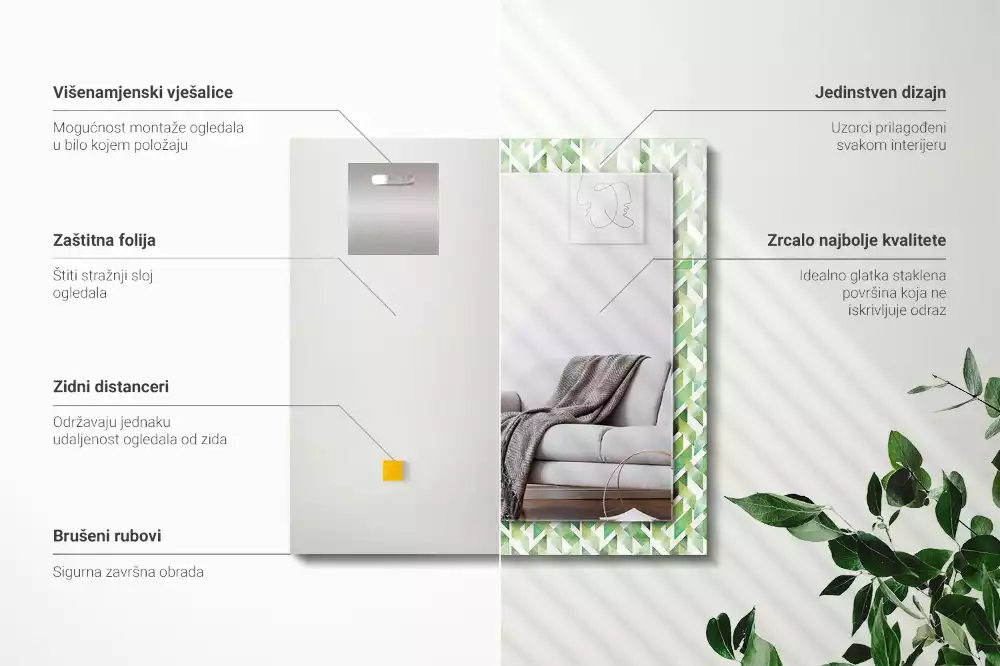 Rechthoekige spiegel lijst met print Groen geometrisch patroon