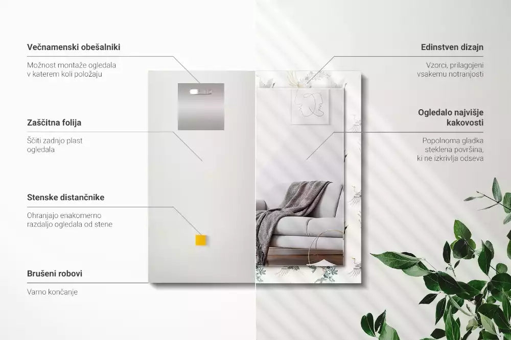 Rechthoekige spiegel lijst met print Vogels en bloemen