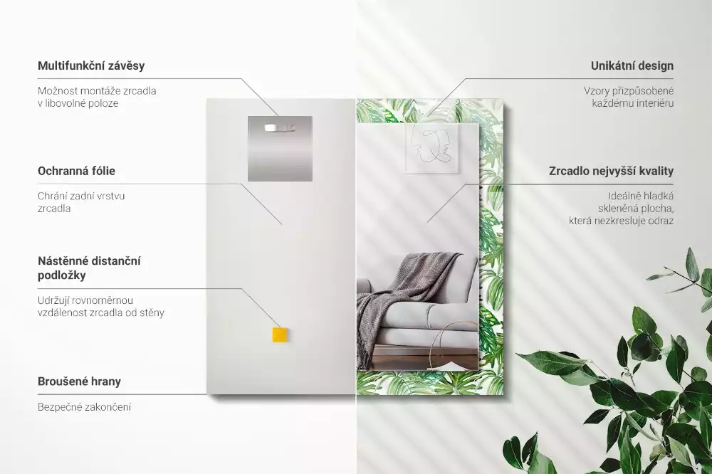 Rechthoekige spiegel met bedrukte lijst Groene tropische bladeren