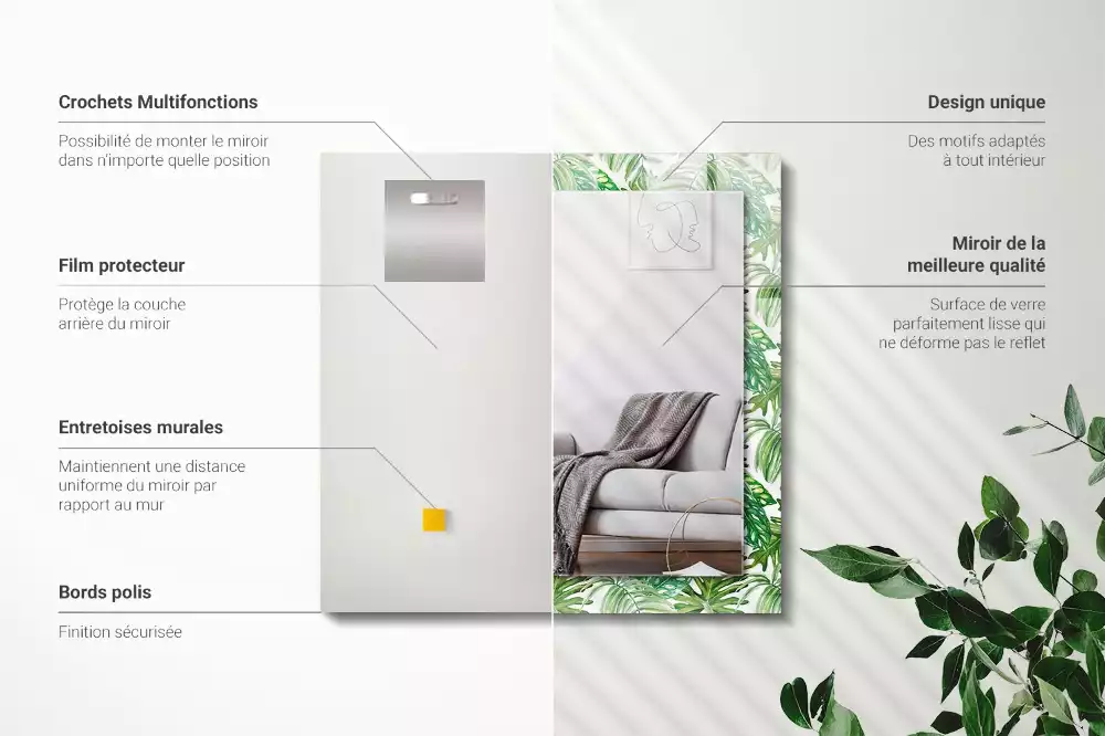 Rechthoekige spiegel met bedrukte lijst Groene tropische bladeren