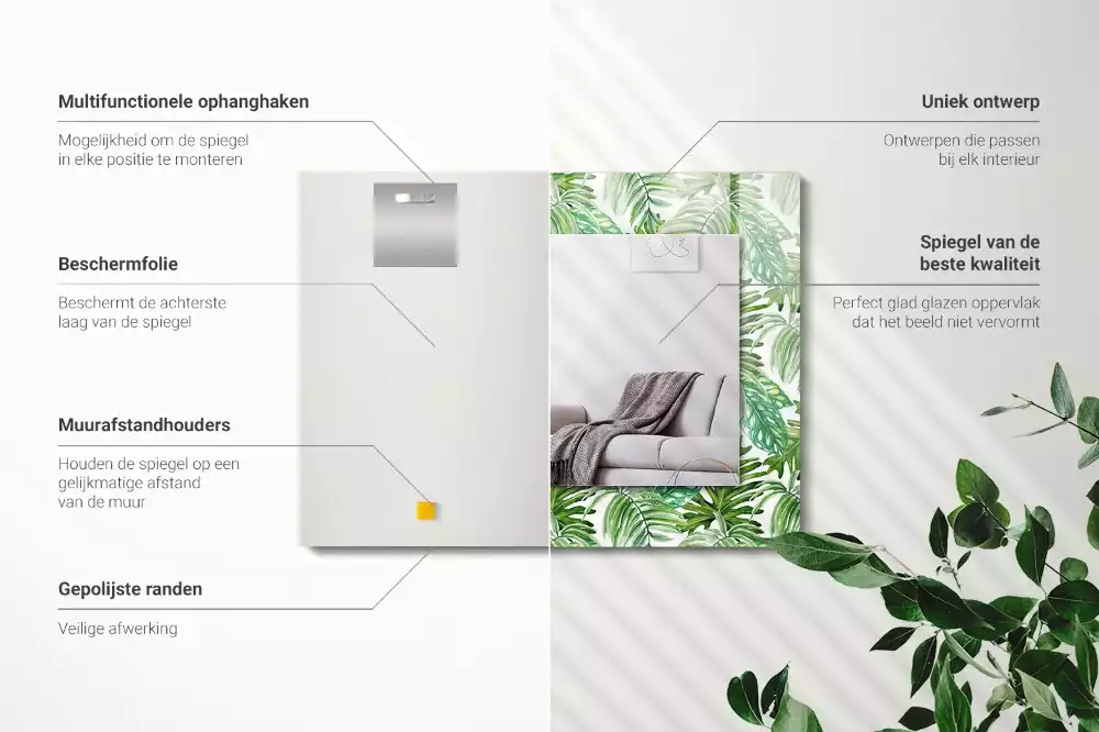 Rechthoekige spiegel met bedrukte lijst Groene tropische bladeren