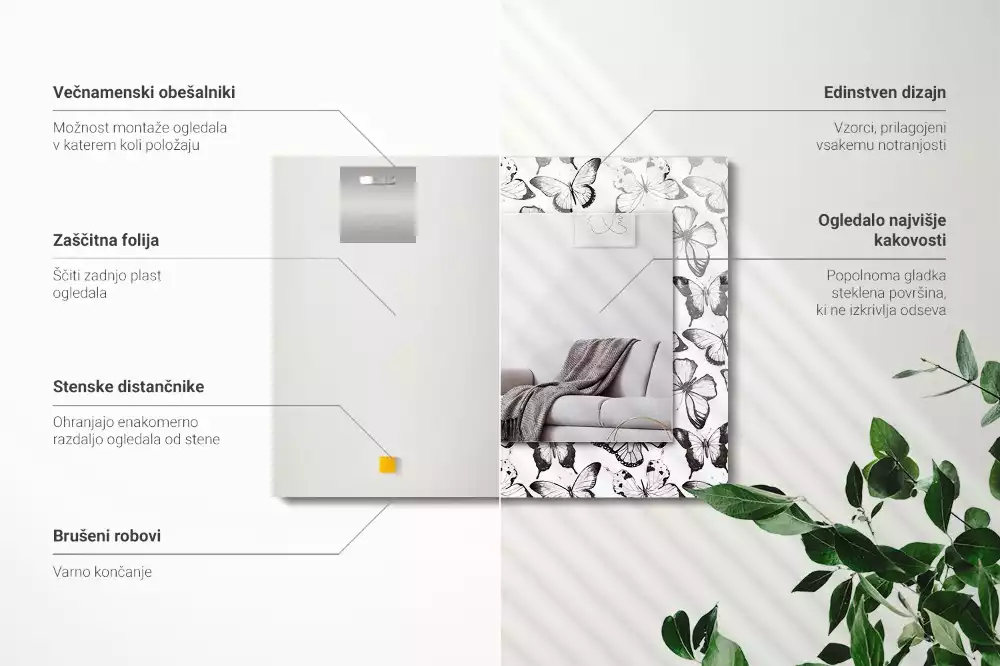 Bedrukte rechthoekige spiegel Zwart-witte vlinders