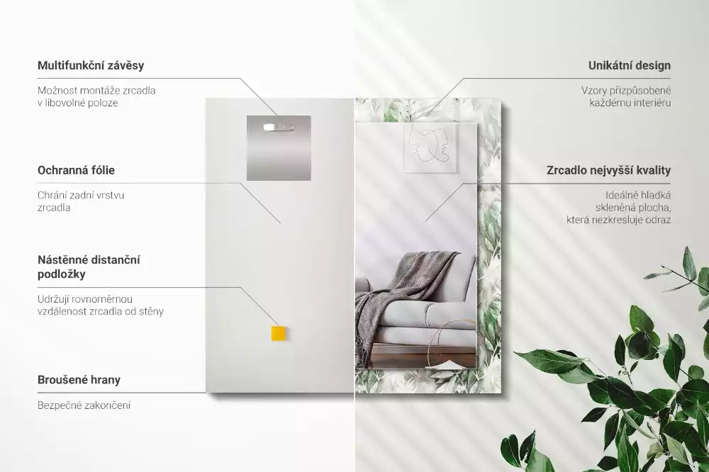 Rechthoekige spiegel met decoratie Groen bladerenpatroon