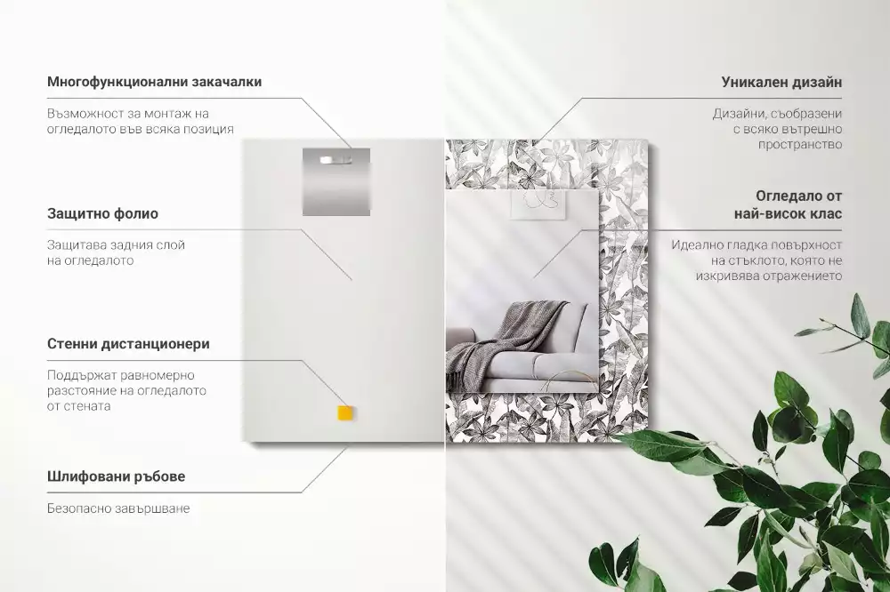 Rechthoekige spiegel lijst met print Bladeren en bloemen