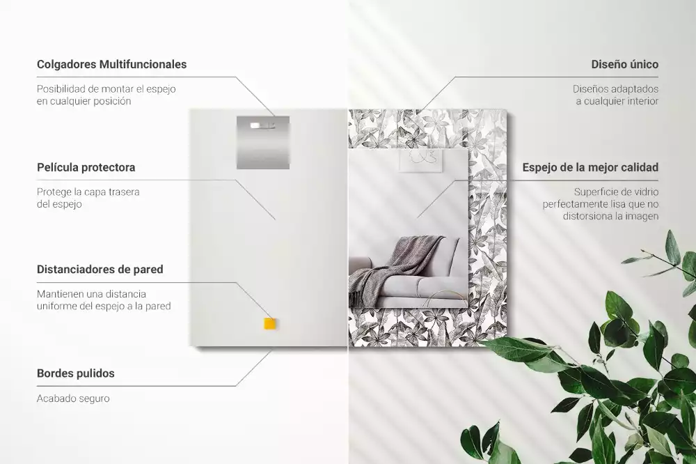 Rechthoekige spiegel lijst met print Bladeren en bloemen