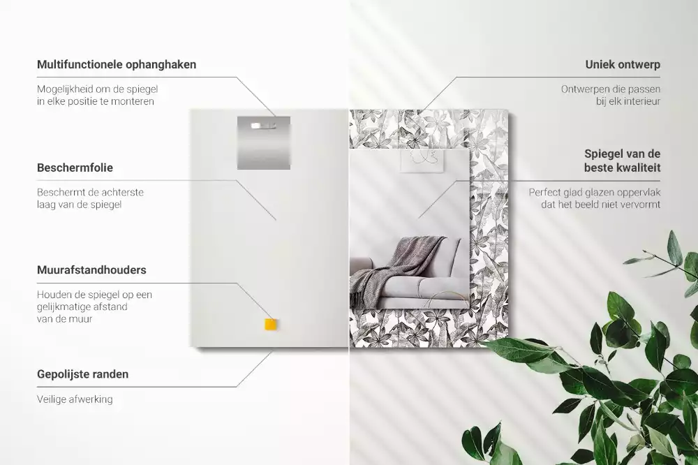 Rechthoekige spiegel lijst met print Bladeren en bloemen