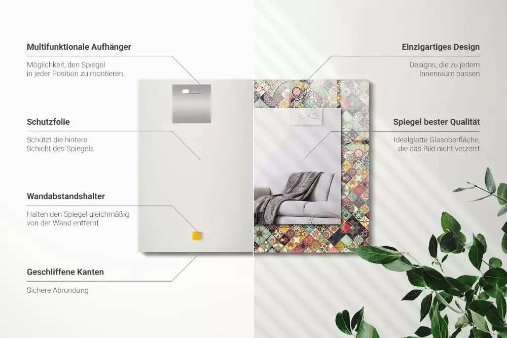 Rechthoekige spiegel met bedrukte lijst Kleurrijke patchworkpatronen