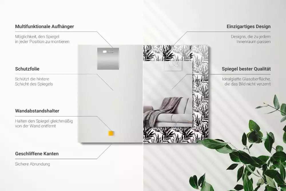 Rechthoekige spiegel met decoratie Zwart-witte bladeren