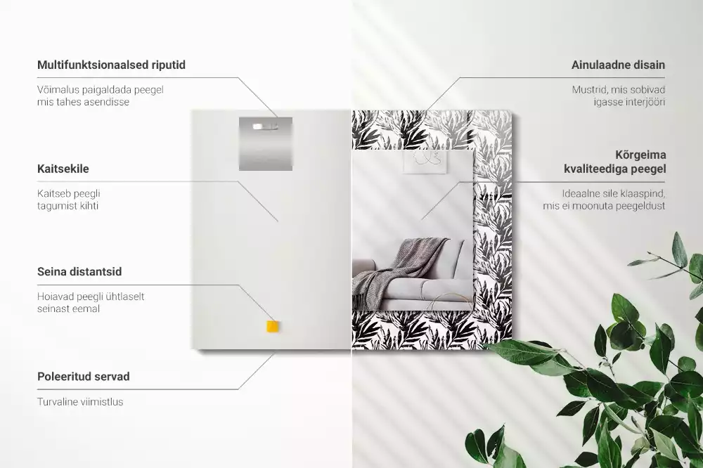 Rechthoekige spiegel met decoratie Zwart-witte bladeren