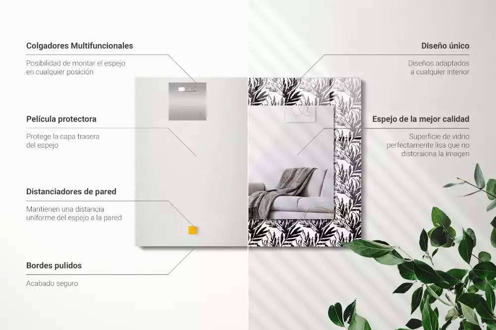 Rechthoekige spiegel met decoratie Zwart-witte bladeren
