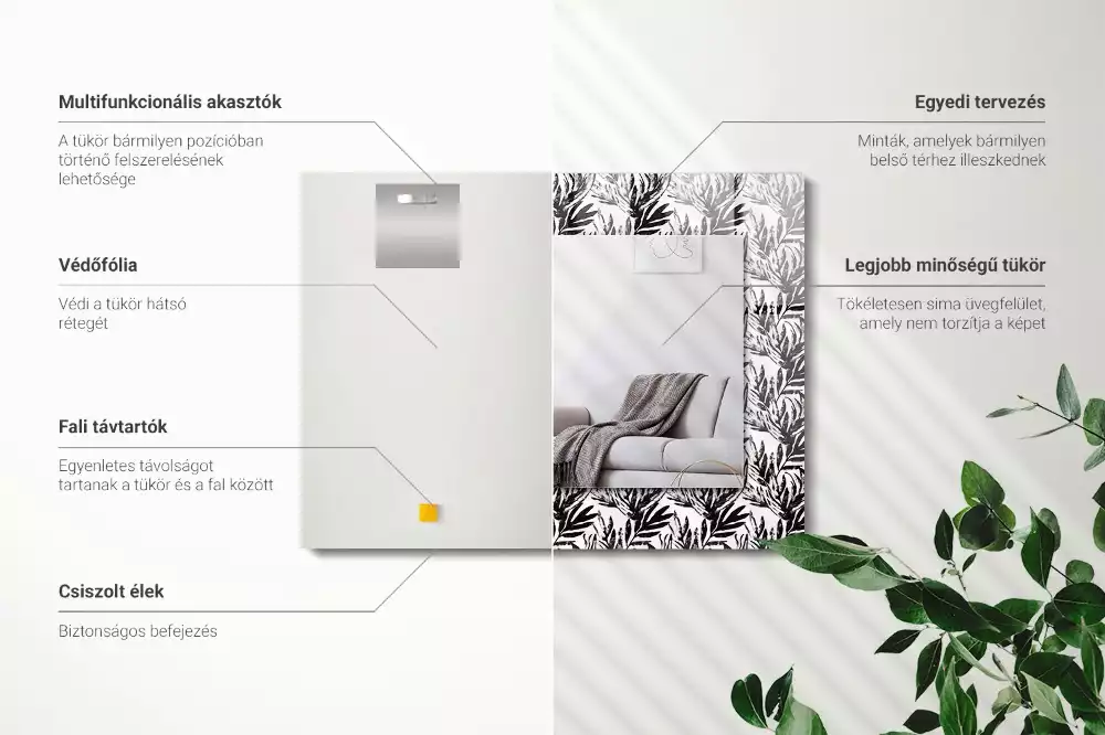 Rechthoekige spiegel met decoratie Zwart-witte bladeren