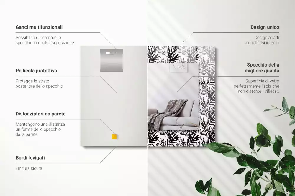 Rechthoekige spiegel met decoratie Zwart-witte bladeren