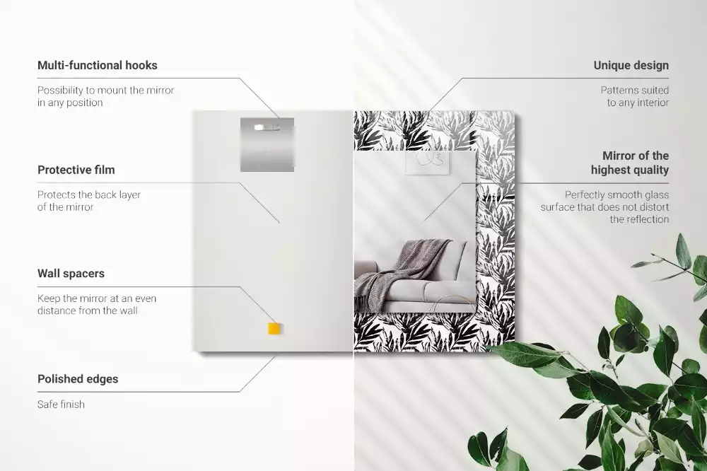 Rechthoekige spiegel met decoratie Zwart-witte bladeren