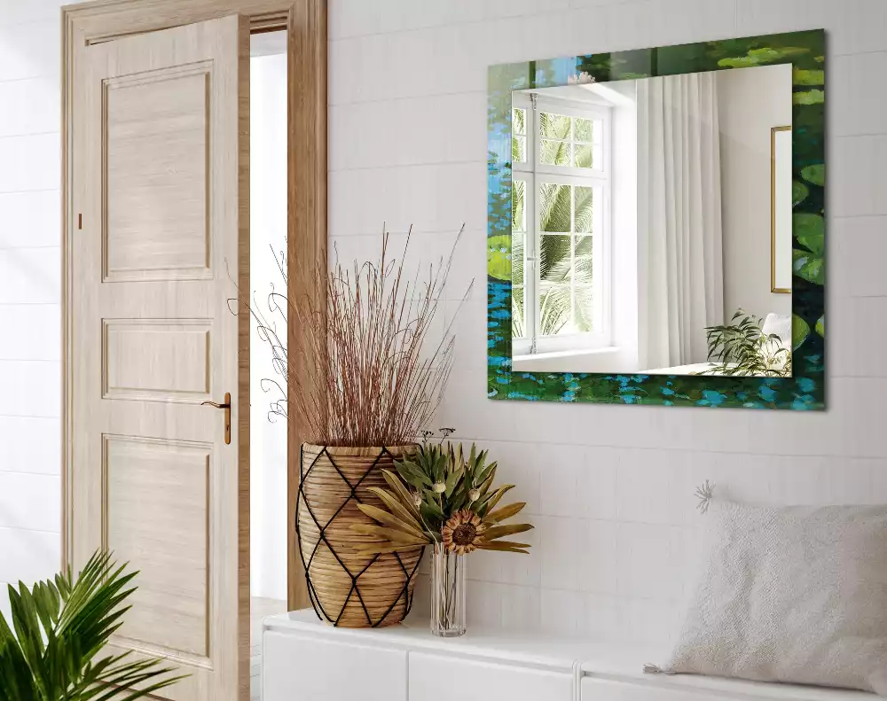 Rechthoekige spiegel lijst met print Waterlelievijver