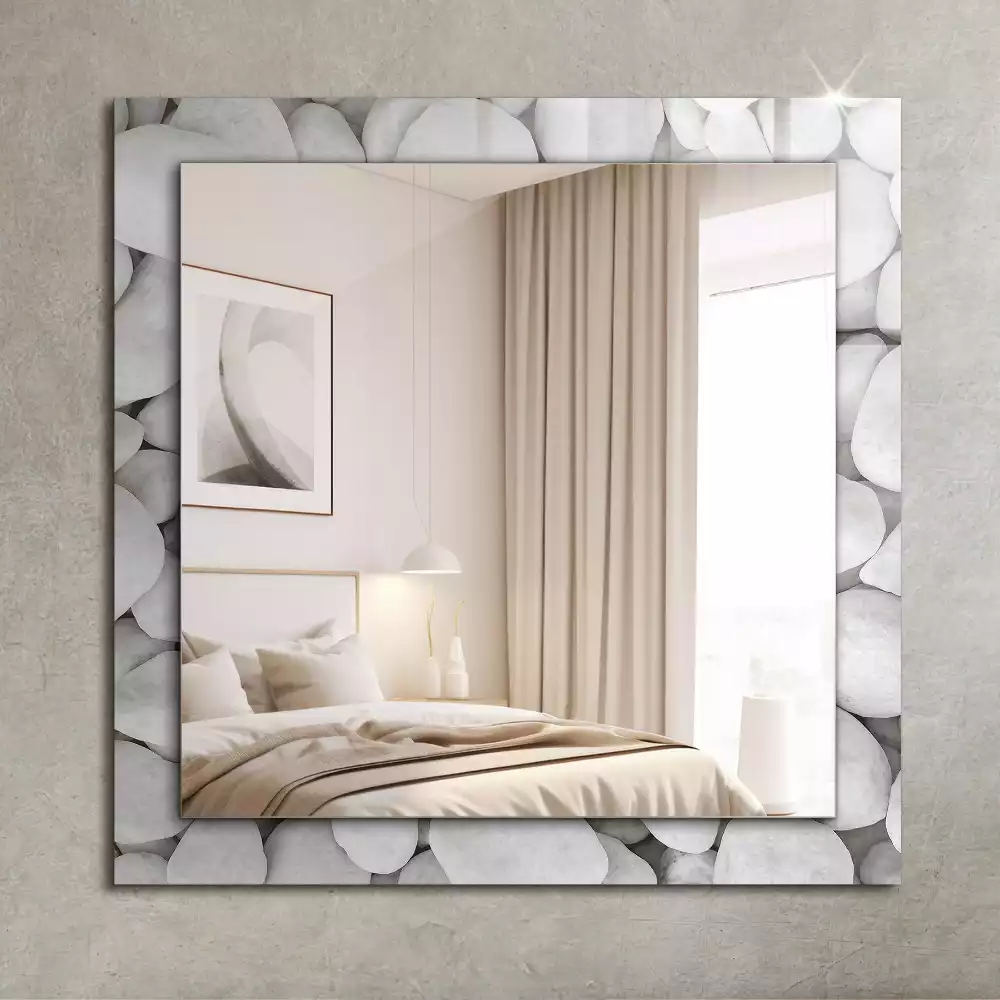 Rechthoekige spiegel met bedrukte lijst Witte gladde stenen