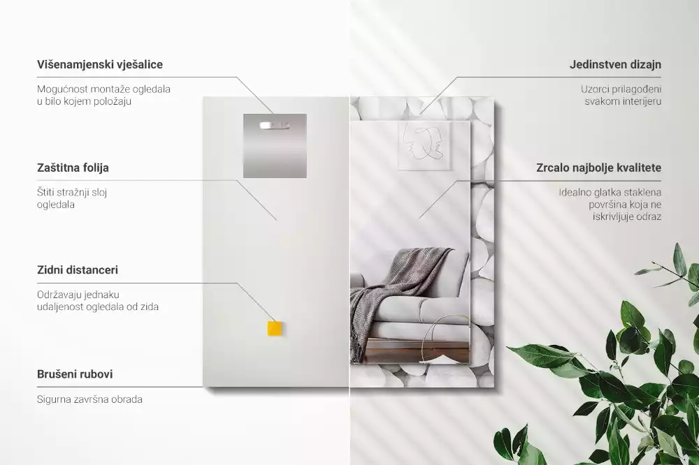 Rechthoekige spiegel met bedrukte lijst Witte gladde stenen