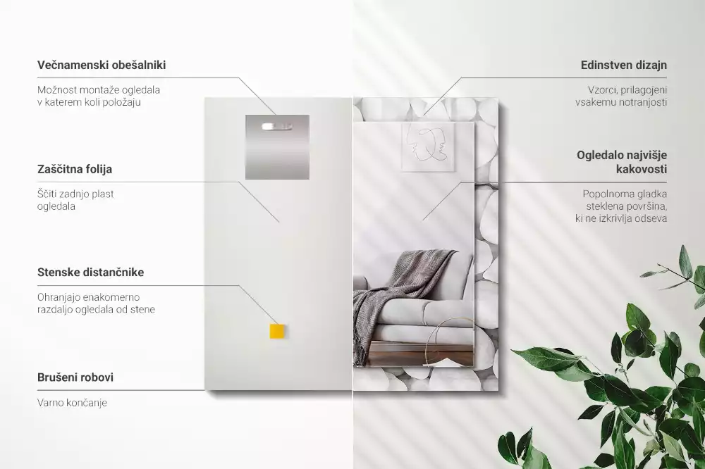 Rechthoekige spiegel met bedrukte lijst Witte gladde stenen