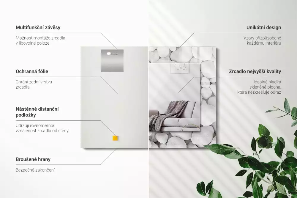 Rechthoekige spiegel met bedrukte lijst Witte gladde stenen