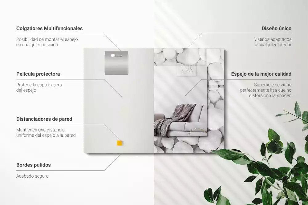 Rechthoekige spiegel met bedrukte lijst Witte gladde stenen