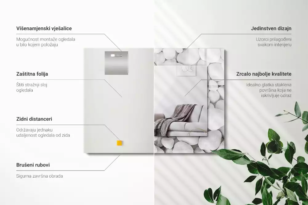 Rechthoekige spiegel met bedrukte lijst Witte gladde stenen