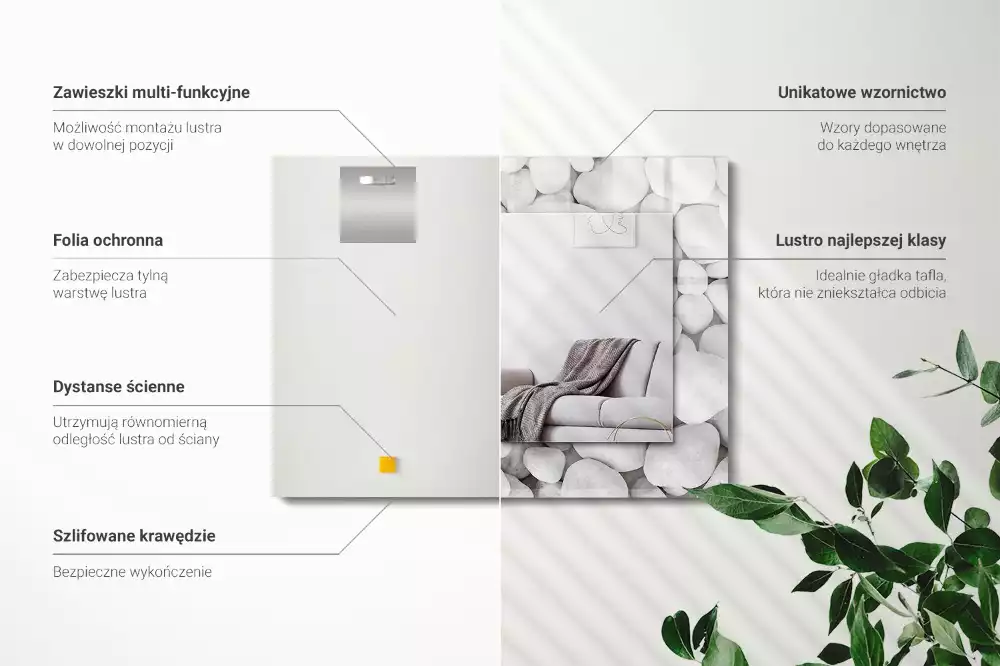 Rechthoekige spiegel met bedrukte lijst Witte gladde stenen