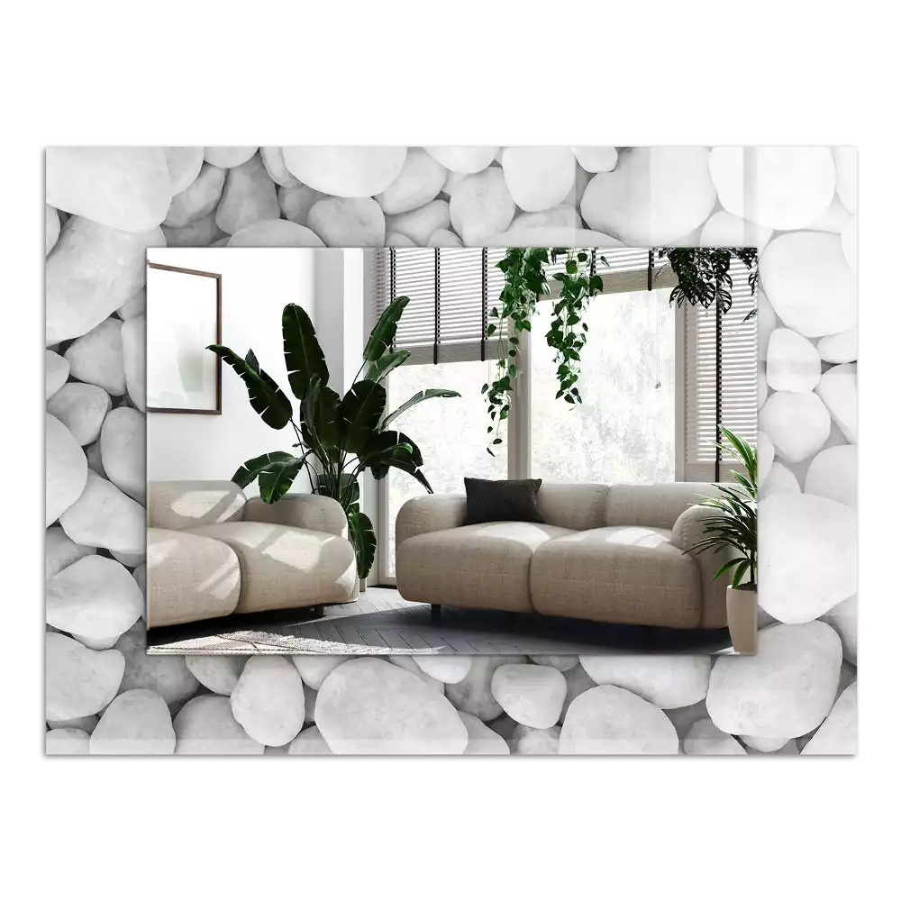 Rechthoekige spiegel met bedrukte lijst Witte gladde stenen