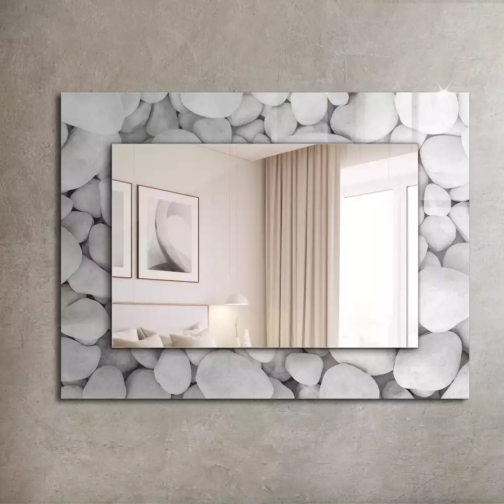 Rechthoekige spiegel met bedrukte lijst Witte gladde stenen