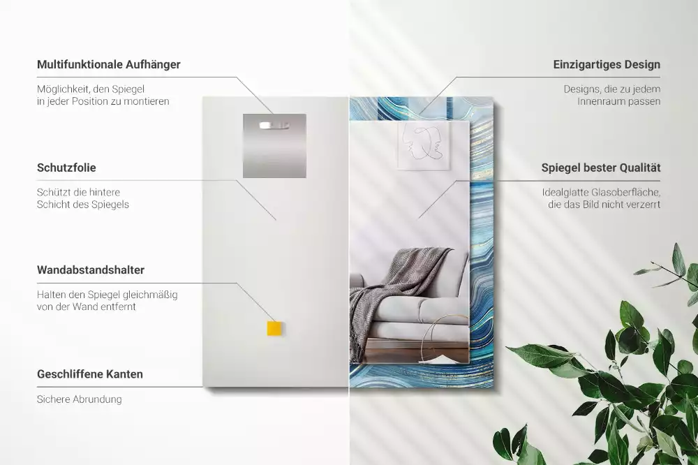 Rechthoekige spiegel met bedrukte lijst Abstracte blauwe golven