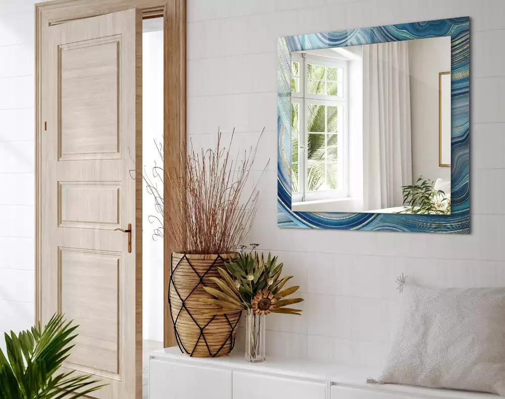 Rechthoekige spiegel met bedrukte lijst Abstracte blauwe golven