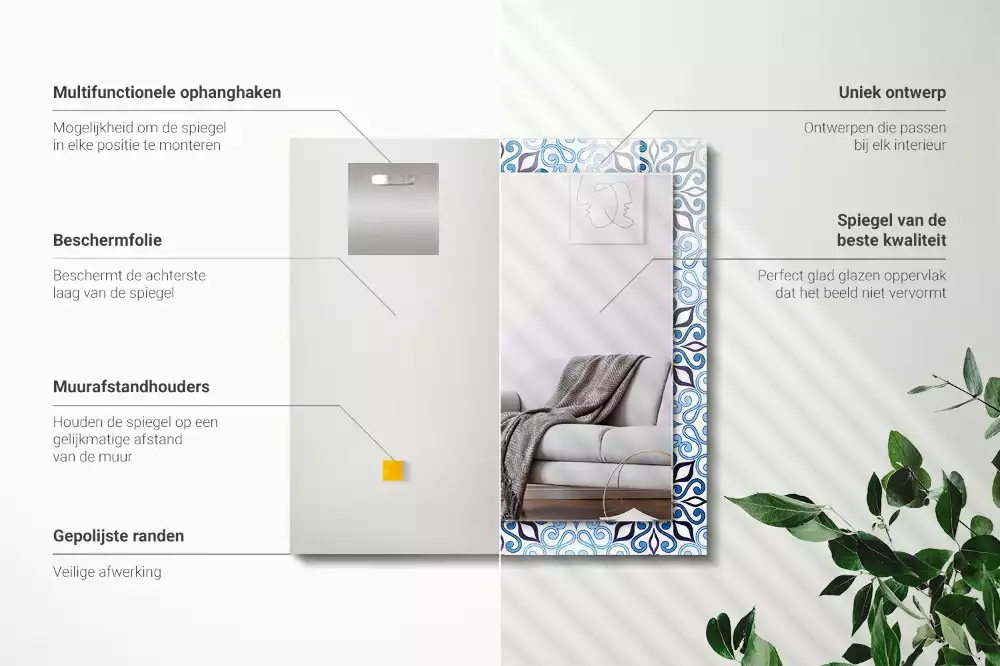 Rechthoekige spiegel lijst met print Blauw ornamentpatroon