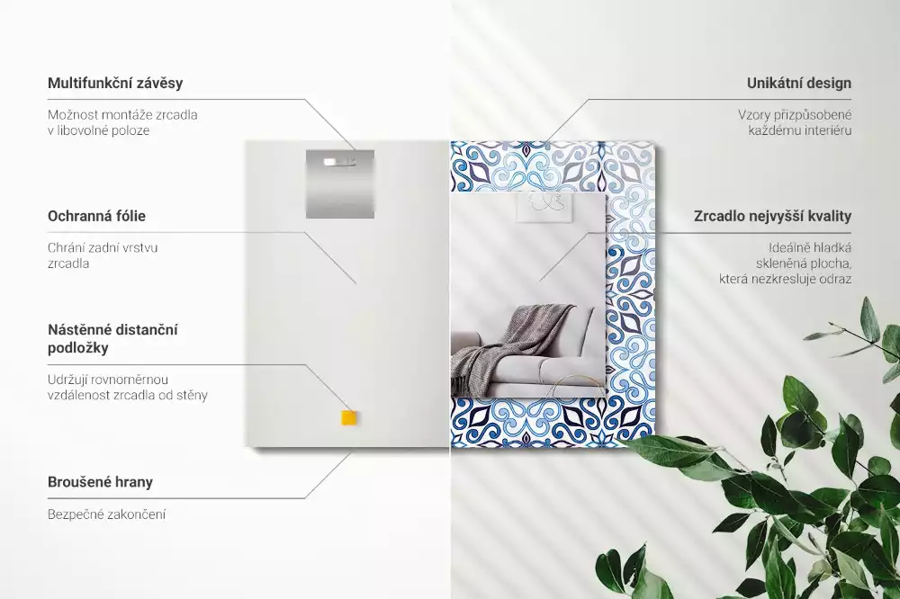 Rechthoekige spiegel lijst met print Blauw ornamentpatroon