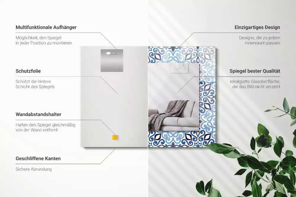 Rechthoekige spiegel lijst met print Blauw ornamentpatroon