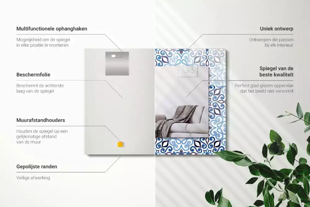 Rechthoekige spiegel lijst met print Blauw ornamentpatroon