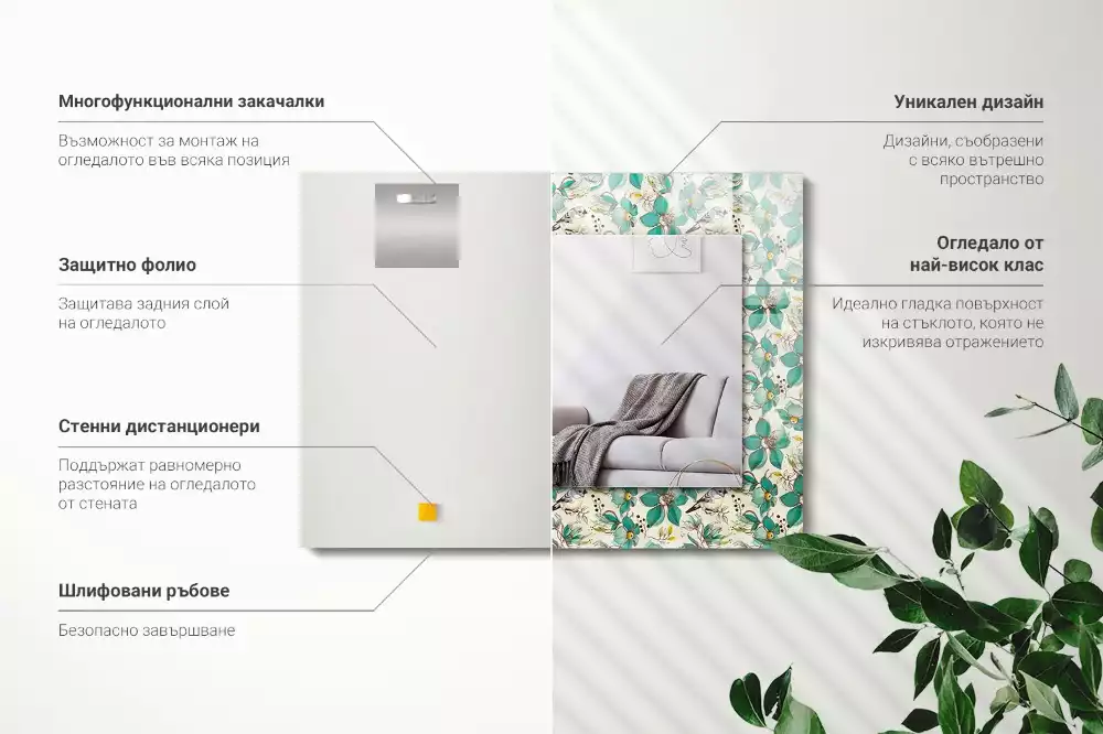 Rechthoekige spiegel met decoratie Vogels en bloemen