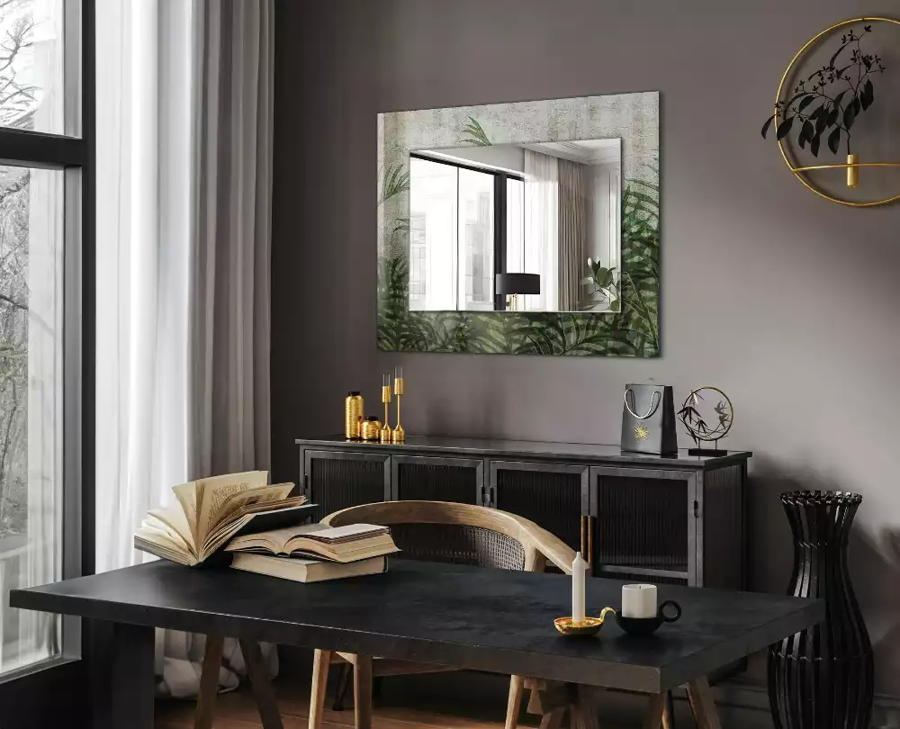 Rechthoekige spiegel met bedrukte lijst Groene varenbladeren