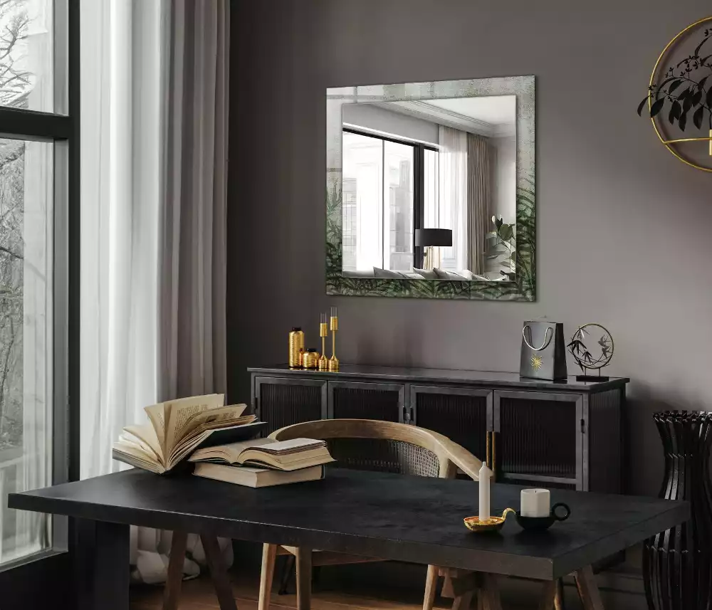 Rechthoekige spiegel met bedrukte lijst Groene varenbladeren