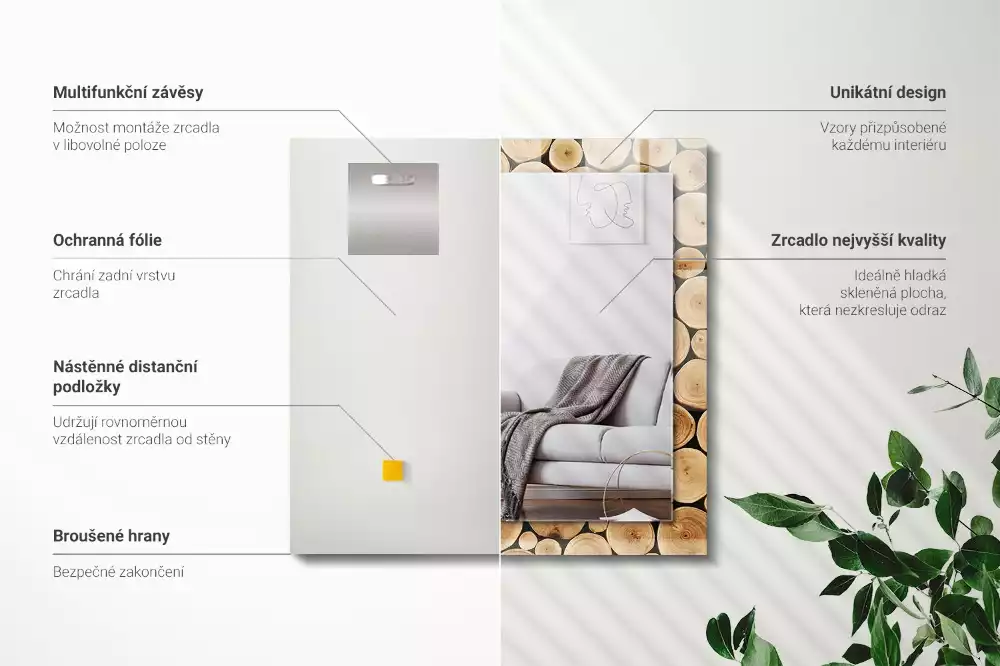 Rechthoekige spiegel lijst met print Dwarsdoorsneden van boomstammen